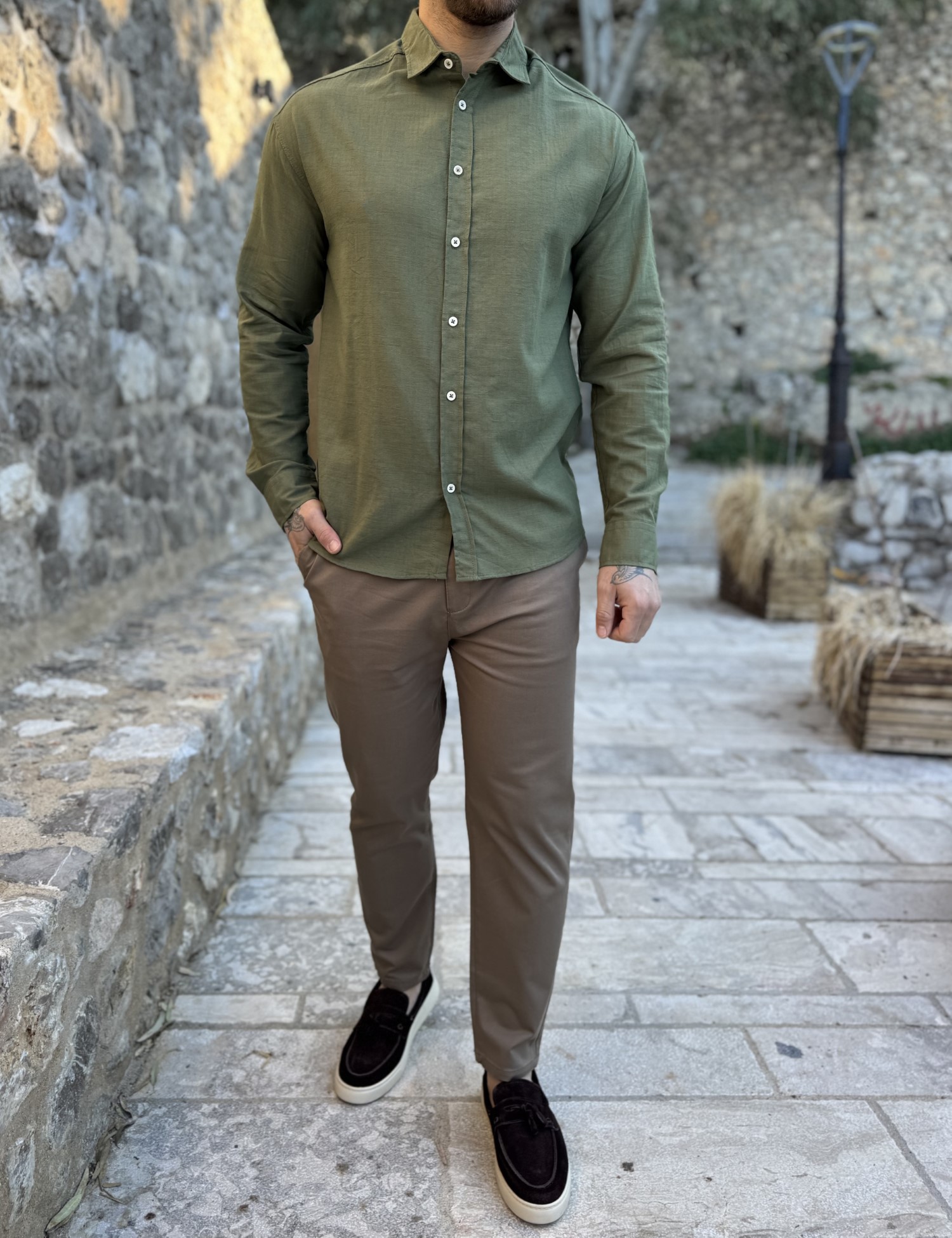 Ανδρικό χακί μακρυμάνικο πουκάμισο RMZ19140X φωτογραφία